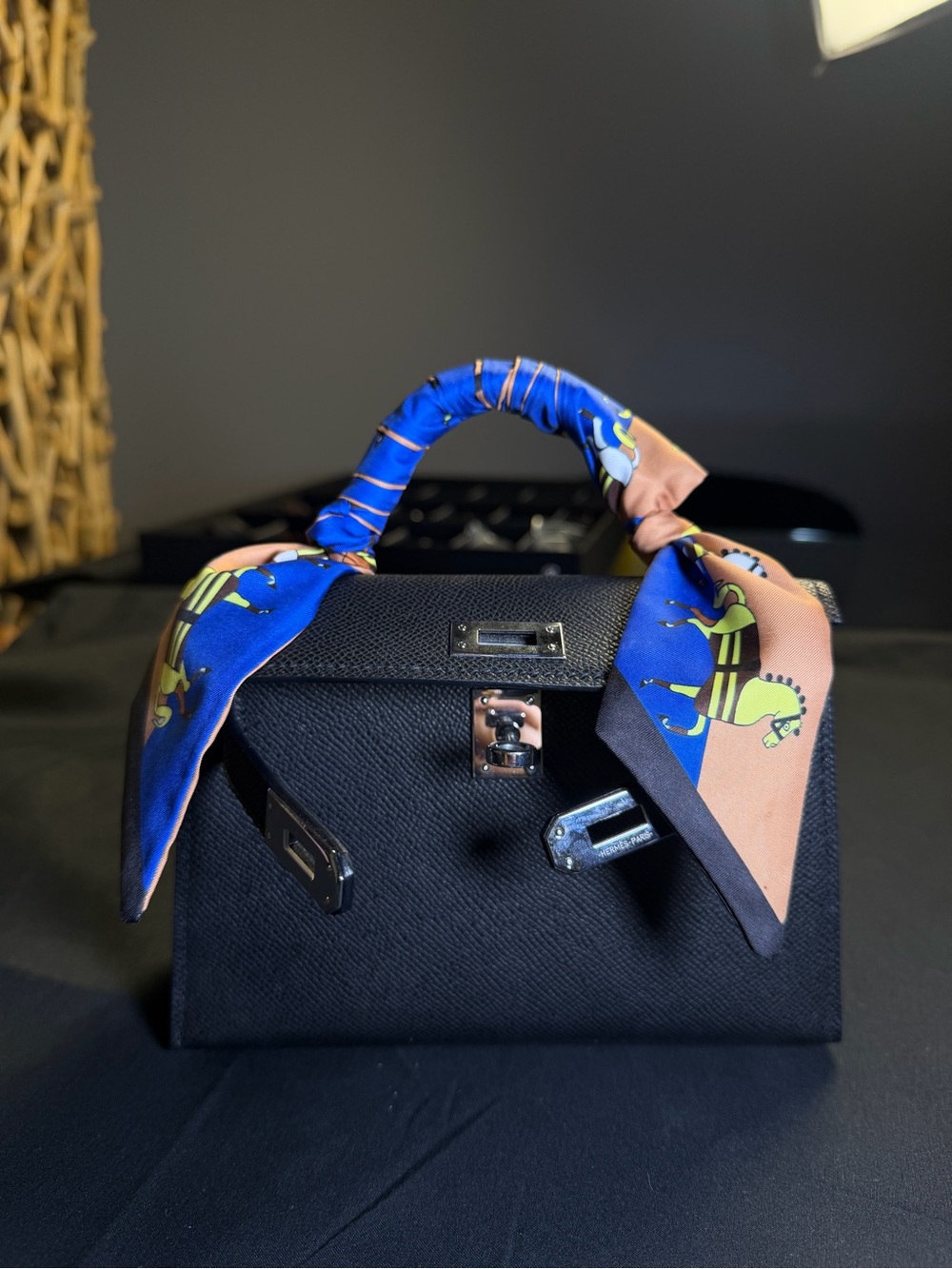 Structured Black Top-Handle Bag with Blue & Tan Scarf Wrap
